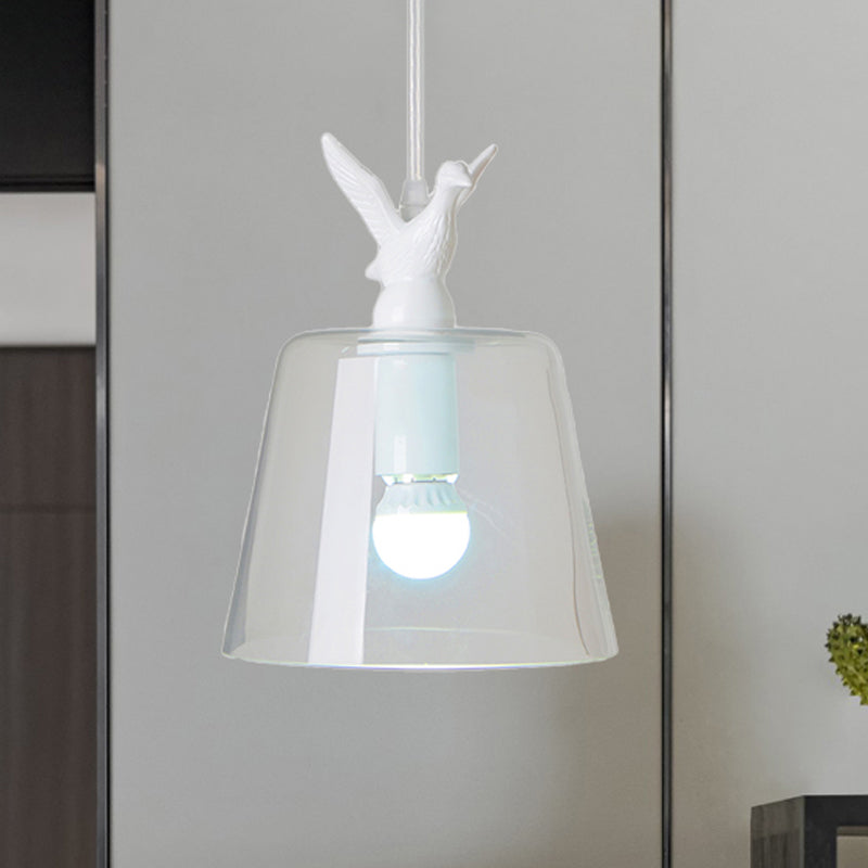 Modernist Pendant Lighting: Cylindrical/Barrel Shaped Hanging Lamp With Clear Glass Bird Design (1/5