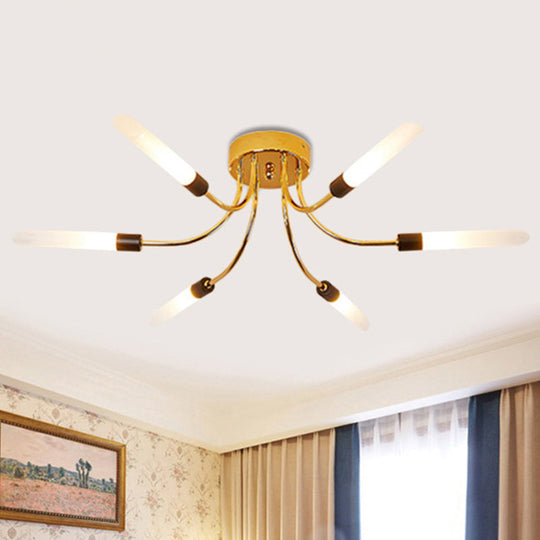 Contemporary Metal Sputnik Semi Flush Mount Lamp With White Glass Tube Shade - 6/8 Led Gold Lights