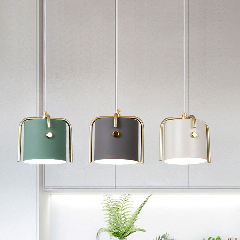 Stylish Macaron Hanging Light - 1 With Metallic Shade Gray/White Barrel Suspension Lamp Ideal For