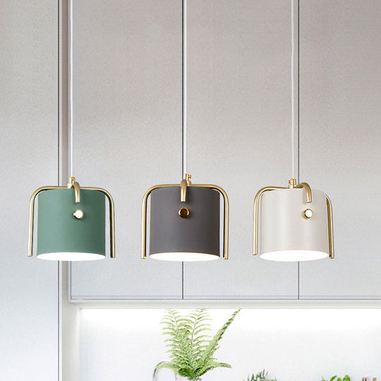 Stylish Macaron Hanging Light - 1 With Metallic Shade Gray/White Barrel Suspension Lamp Ideal For