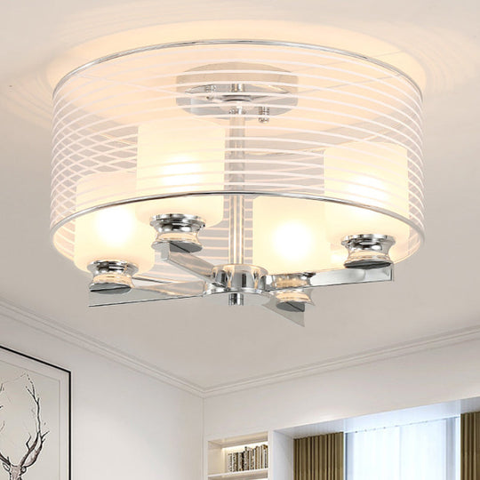 Contemporary White Glass Semi Flush Mount Ceiling Lamp - 4 Lights Chrome Fixture With Band Shade