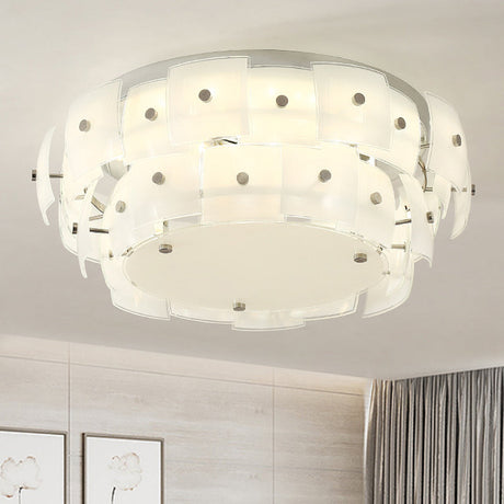 Modern 2-Tier White Glass Drum Flush Mount Ceiling Light Fixture For Living Room