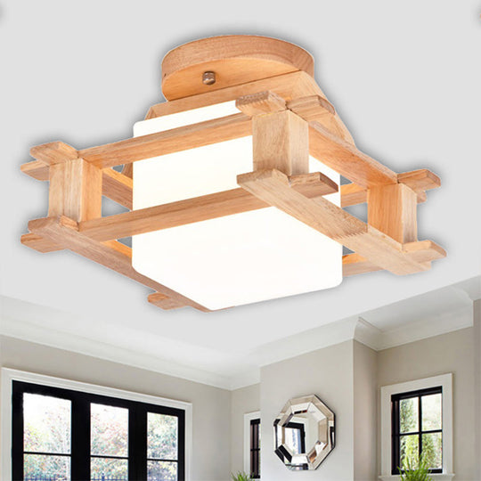 Modernist Wood Square Semi Flush Mount With White Glass Shade - 1 - Light Beige Lamp Fixture