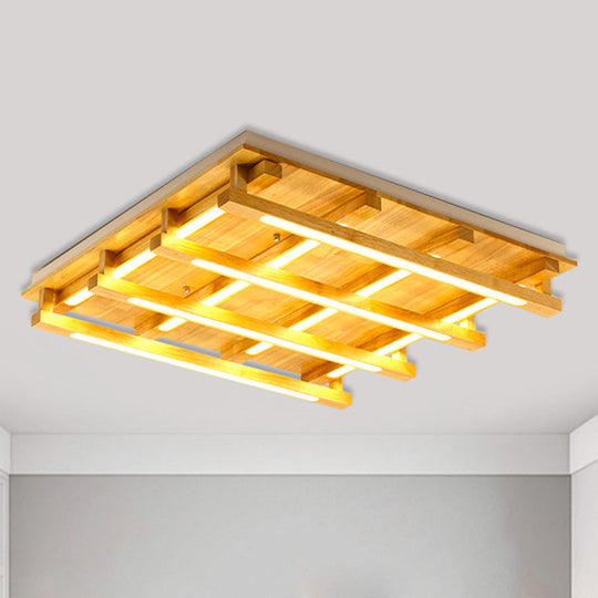 Led Flush Ceiling Light With Square Wood Shade - Modernist Brown Finish For Living Room (1/4/9