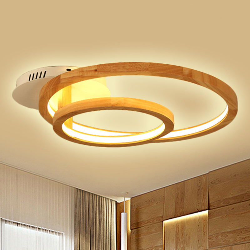 Modern 2 - Tier Ring Wood Led Brown Semi Flush Mount For Warm Bedroom Light - 18.5’/23’ Wide