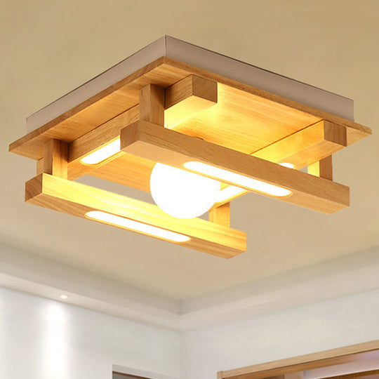 Modern Square Wood Flush Mount Lamp With Led Lights - Brown Ceiling Light Fixture White Glass Ball