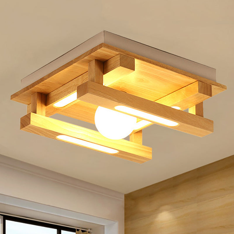 Modern Square Wood Flush Mount Lamp With Led Lights - Brown Ceiling Light Fixture White Glass Ball