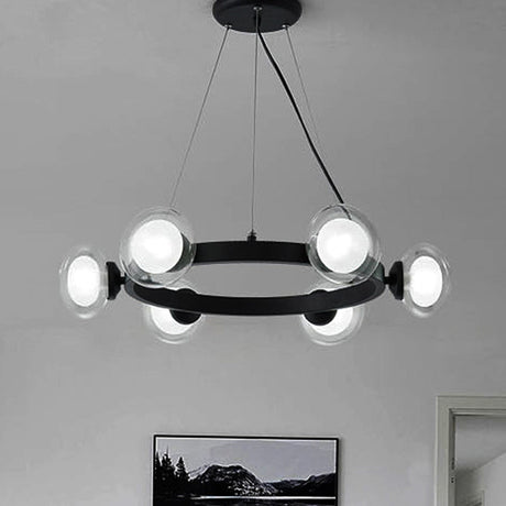 Contemporary Clear Glass Chandelier With Circle Ring Design - Led Lights Black Finish 6 /