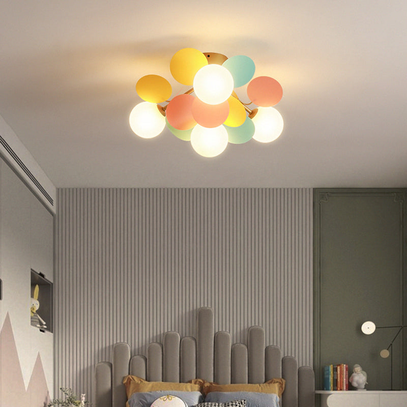 White Glass Semi Flush Circle Chandelier For Childrens Room - Creative Ceiling Light Fixture