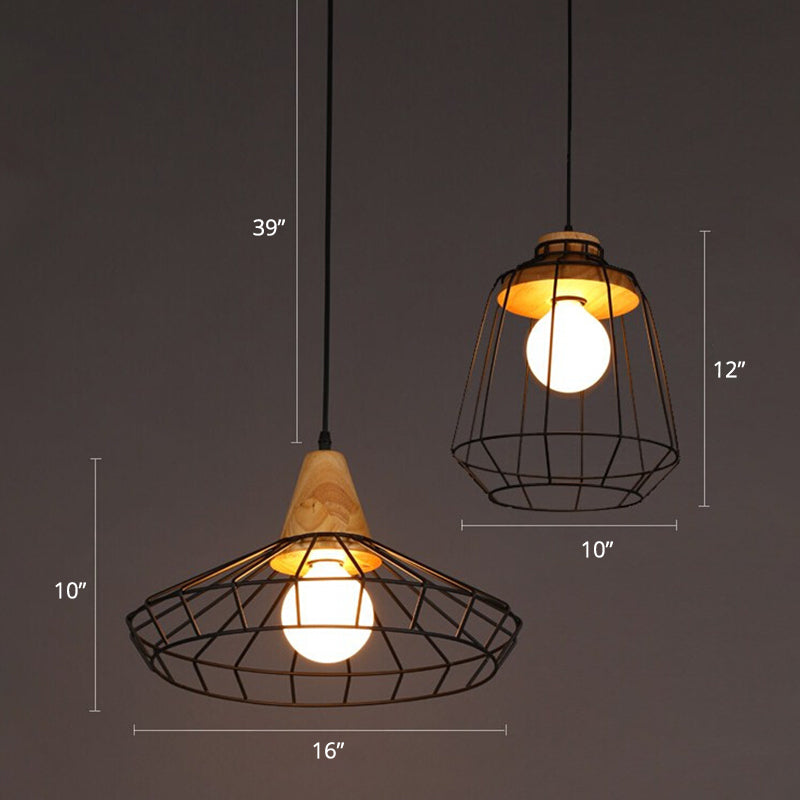 Rustic Black Metal Pendant Light With Wooden Socket - Commercial Grade 1-Light Caged Hanging Fixture