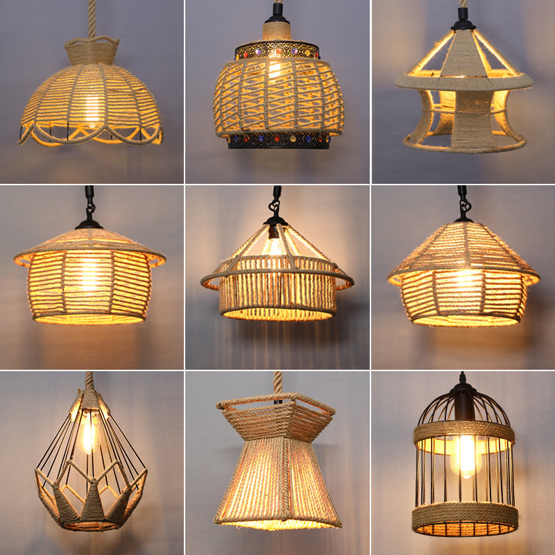 Country Style Wood Rope Pendant Light For Restaurants - Single Cage Shade Suspension / Birdcage