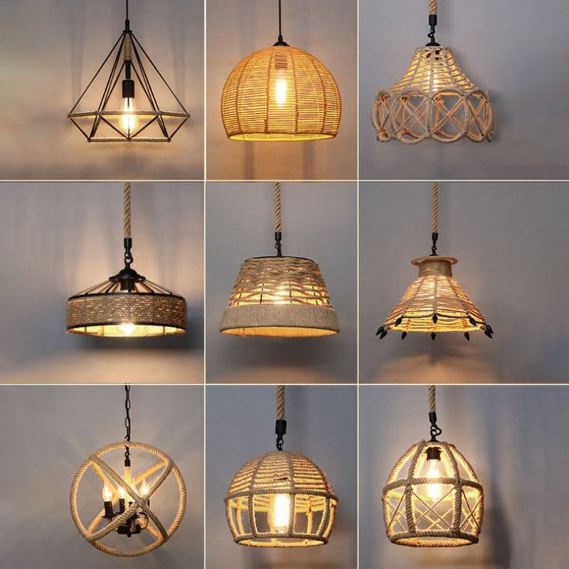 Country Style Wood Rope Pendant Light For Restaurants - Single Cage Shade Suspension / Round