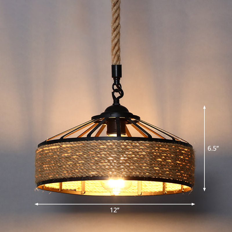 Country Style Wood Rope Pendant Light For Restaurants - Single Cage Shade Suspension