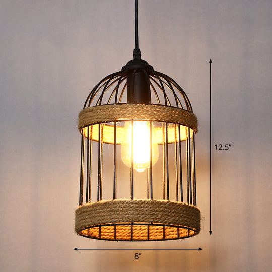Country Style Wood Rope Pendant Light For Restaurants - Single Cage Shade Suspension