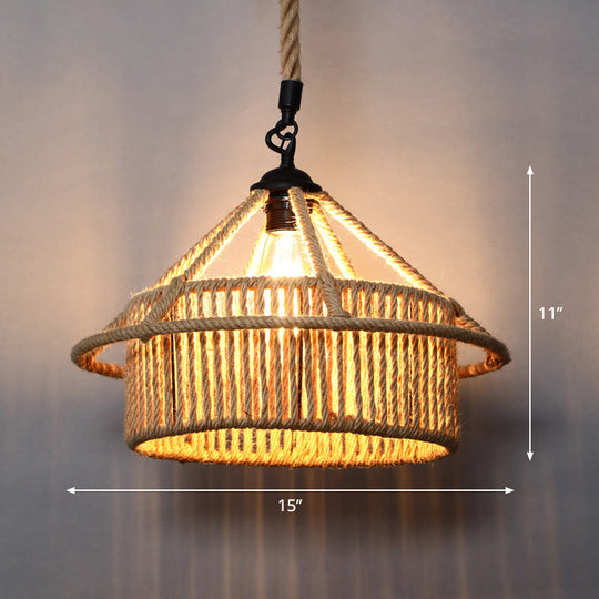 Country Style Wood Rope Pendant Light For Restaurants - Single Cage Shade Suspension