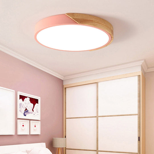 Round Led Macaron Ceiling Light With Acrylic Shade And Wood Accents Pink / 9’