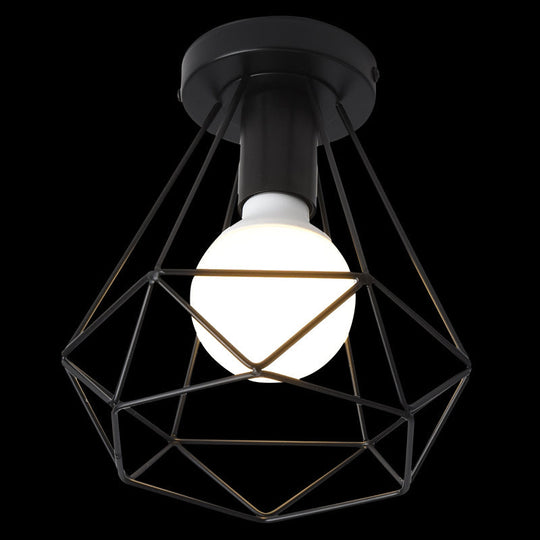 Industrial Metal Flush Ceiling Light Fixture - Cage Style Small Aisle 1 Head Black Flushmount