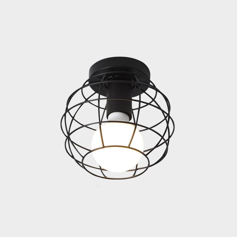 Industrial Metal Flush Ceiling Light Fixture - Cage Style Small Aisle 1 Head Black Flushmount