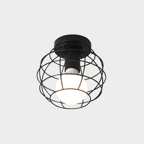 Industrial Metal Flush Ceiling Light Fixture - Cage Style Small Aisle 1 Head Black Flushmount