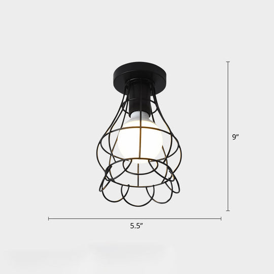 Industrial Metal Flush Ceiling Light Fixture - Cage Style Small Aisle 1 Head Black Flushmount