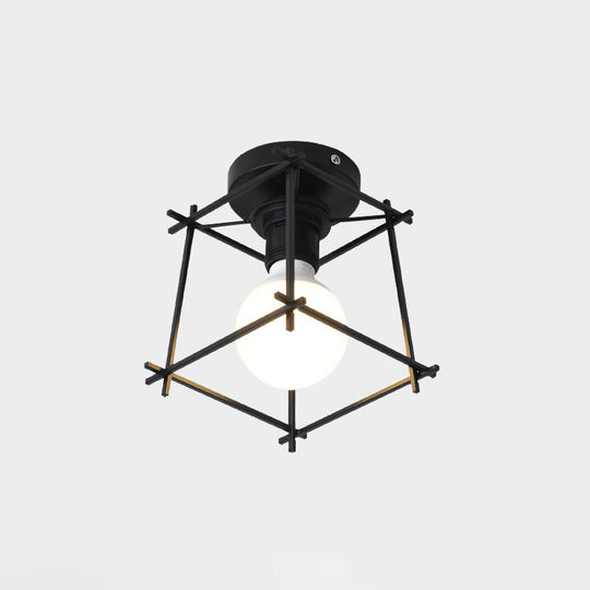 Industrial Metal Flush Ceiling Light Fixture - Cage Style Small Aisle 1 Head Black Flushmount