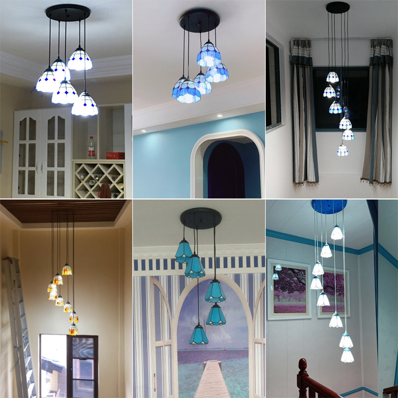 Tiffany Style Handcrafted Floral Art Glass Pendant Light For Dining Room Ceiling