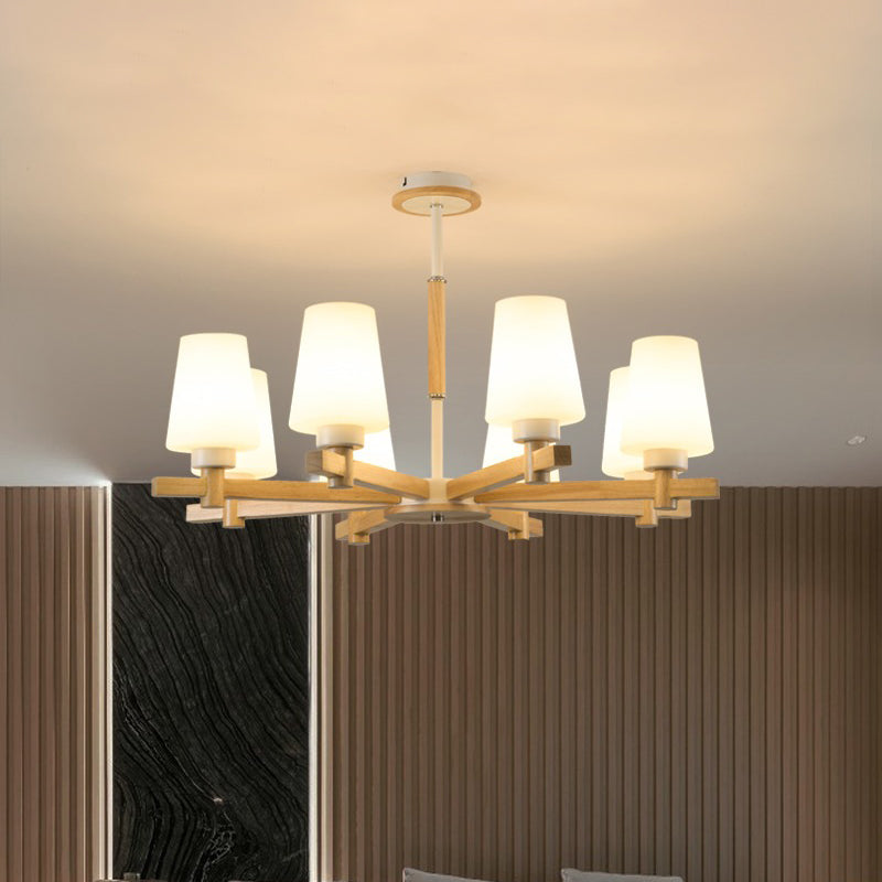 Modern Milk Glass Chandelier With Wood Suspension For Living Room Lighting