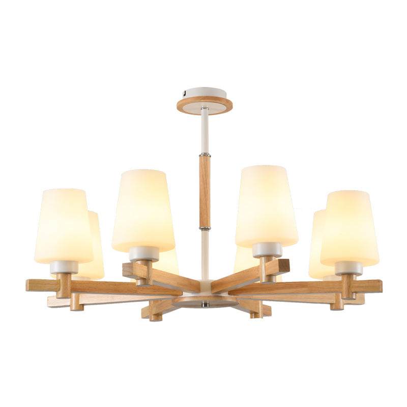Modern Milk Glass Chandelier With Wood Suspension For Living Room Lighting