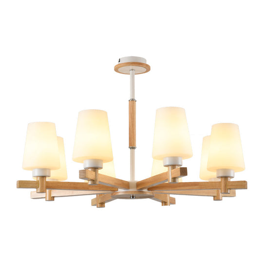 Modern Milk Glass Chandelier With Wood Suspension For Living Room Lighting