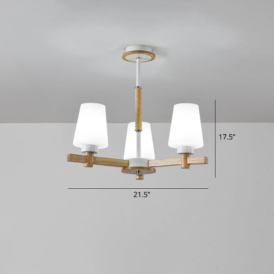 Modern Milk Glass Chandelier With Wood Suspension For Living Room Lighting