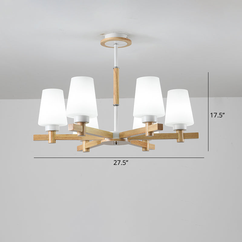 Modern Milk Glass Chandelier With Wood Suspension For Living Room Lighting