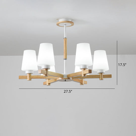 Modern Milk Glass Chandelier With Wood Suspension For Living Room Lighting