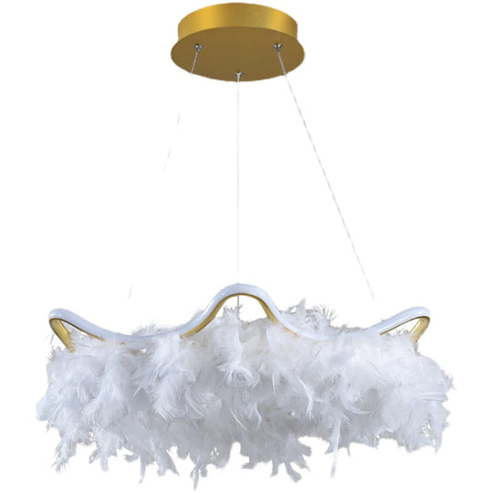 Wavy Metal Nordic White-Gold Led Chandelier With Feather Deco - Elegant Suspension Lighting White /