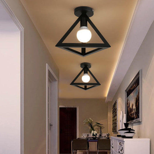 Industrial Cage Metal Ceiling Light In Black - Single - Bulb Semi Flush Fixture Ideal For Corridor