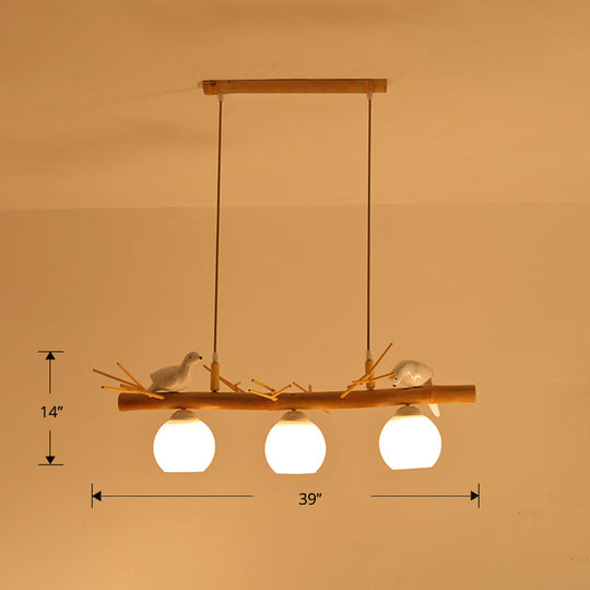 Modern Cream Glass Wood Pendant Light With White Bird Deco - Dome Island Fixture