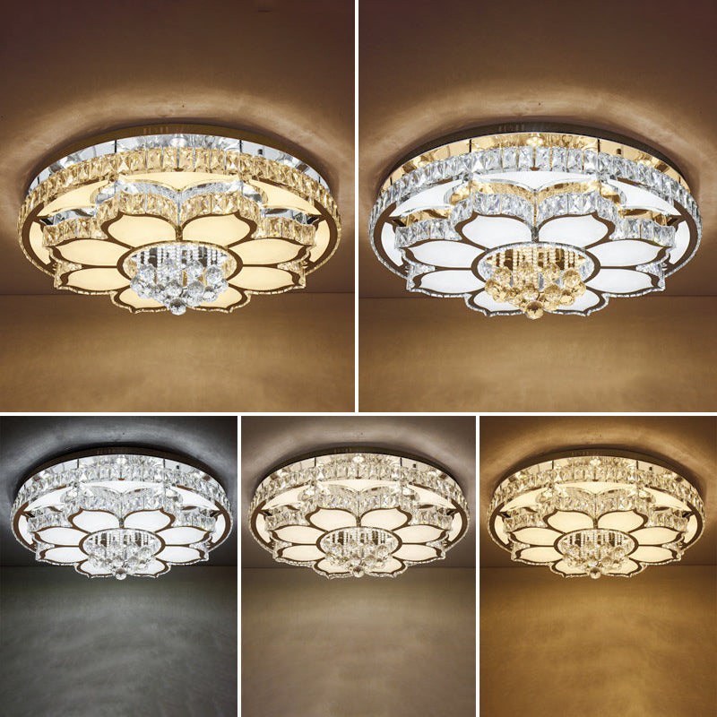 Modern White Led Crystal Flower Ceiling Light For Living Room With Flush Mount Design