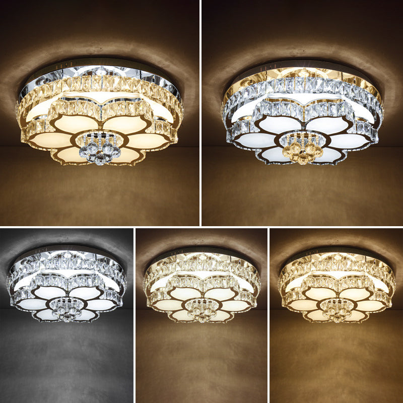 Modern White Led Crystal Flower Ceiling Light For Living Room With Flush Mount Design / 23.5’