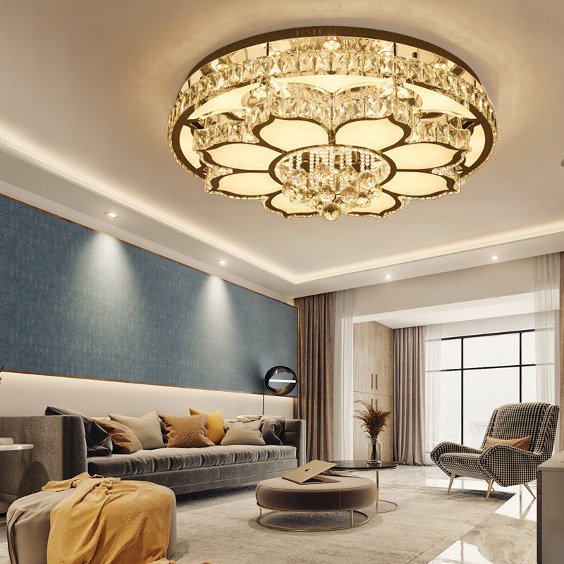 Modern White Led Crystal Flower Ceiling Light For Living Room With Flush Mount Design