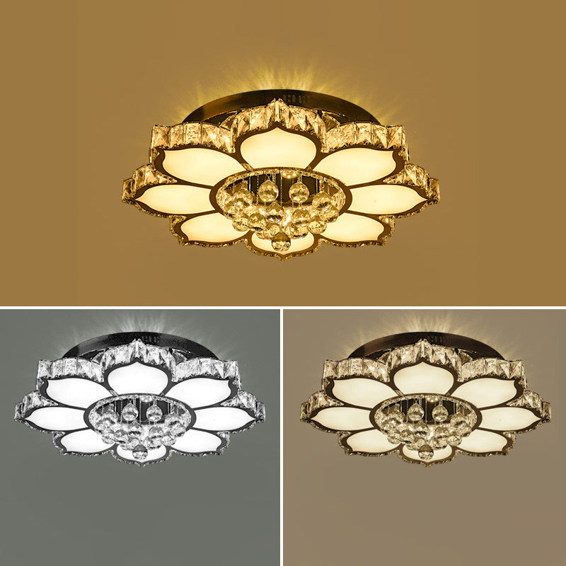 Modern White Led Crystal Flower Ceiling Light For Living Room With Flush Mount Design / 25.5