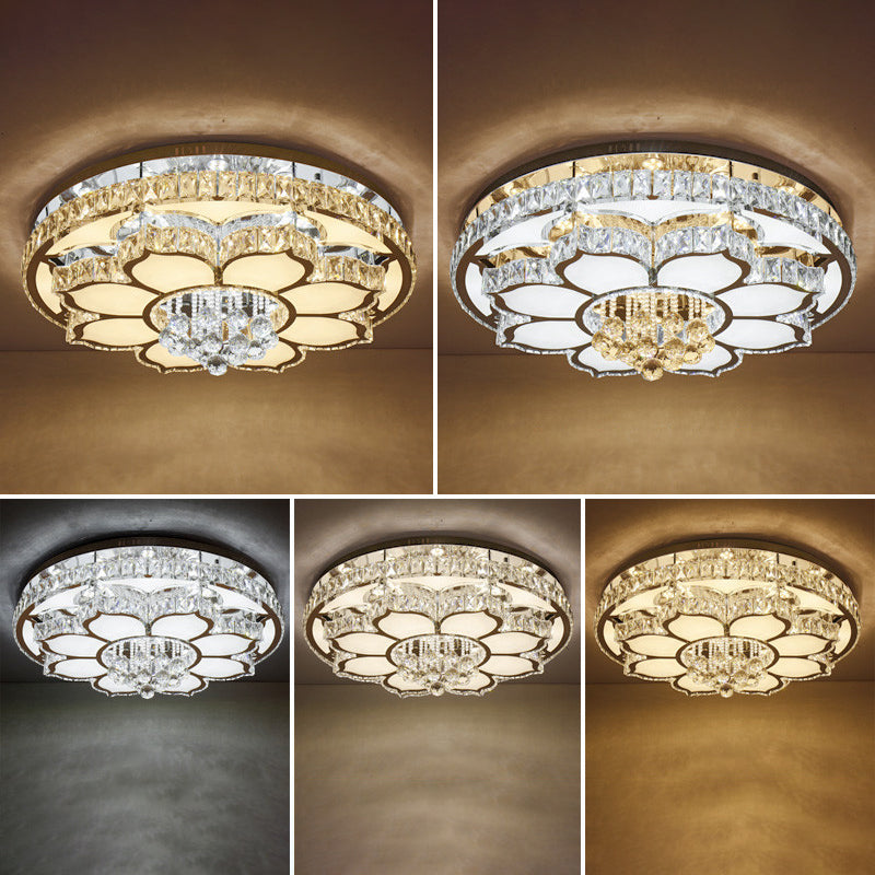 Modern White Led Crystal Flower Ceiling Light For Living Room With Flush Mount Design