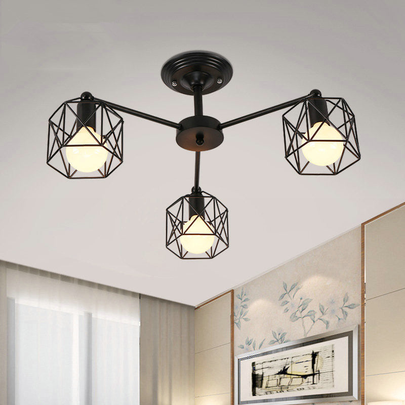 Black Metal Hexagon Cage Ceiling Light - Vintage Chandelier For Living Room 3 /