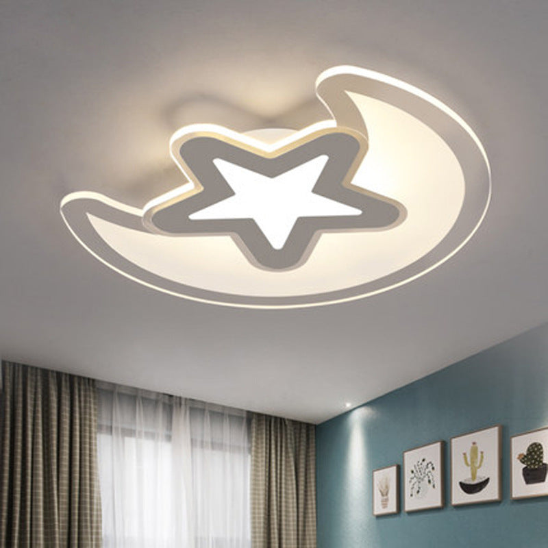 Crescent And Star Led Cartoon Ceiling Light For Childrens Room In White