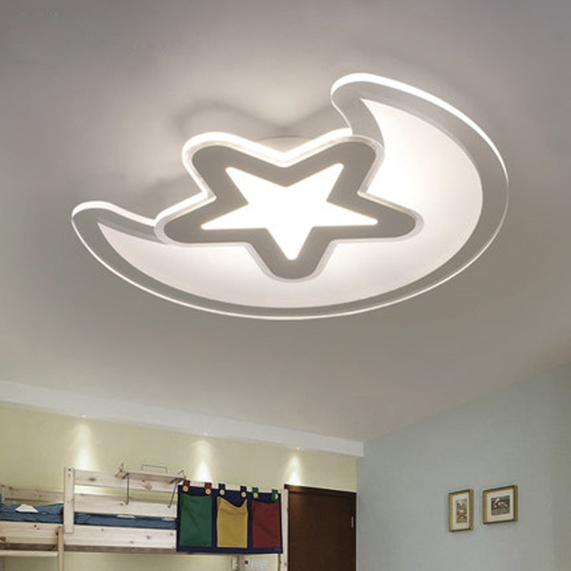 Crescent And Star Led Cartoon Ceiling Light For Children’s Room In White