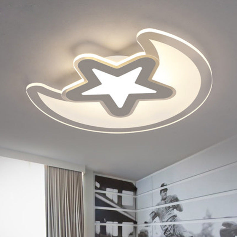 Crescent And Star Led Cartoon Ceiling Light For Children’s Room In White