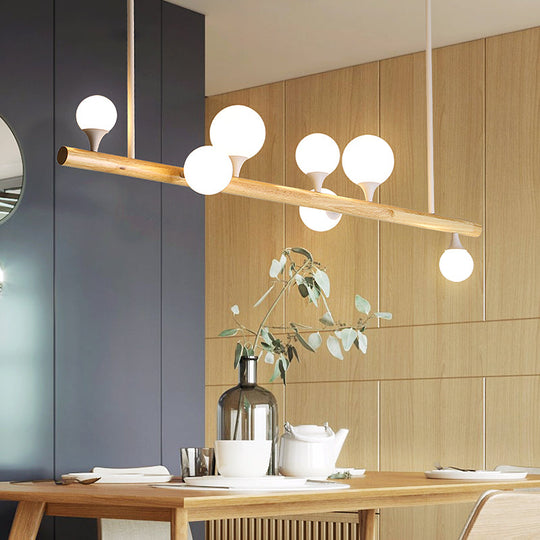 Minimalist Wood Island Pendant Light With Opal Glass Balls - Perfect For Restaurants
