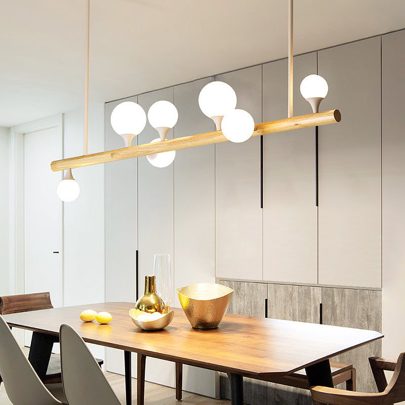 Minimalist Wood Island Pendant Light With Opal Glass Balls - Perfect For Restaurants