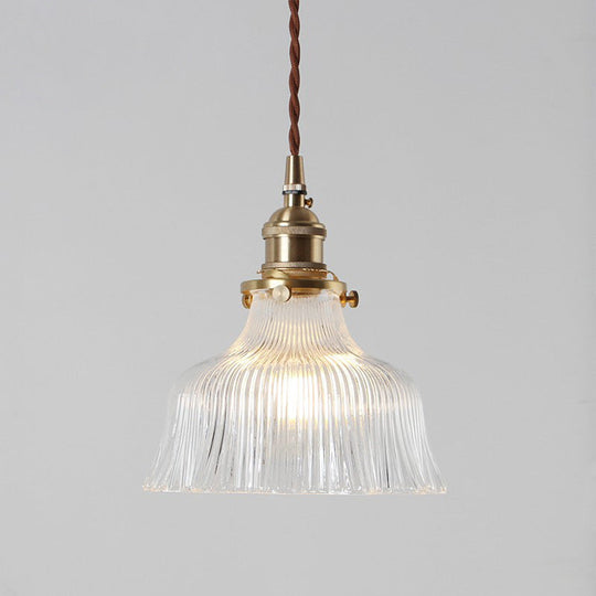 Nautical Brass Pendant Lamp - Clear Glass Pleated Design 1-Light Ceiling Fixture For Restaurants