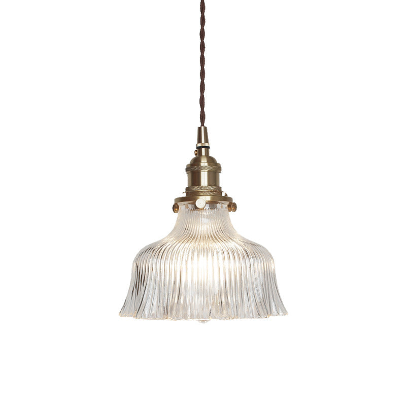 Nautical Brass Pendant Lamp - Clear Glass Pleated Design 1-Light Ceiling Fixture For Restaurants