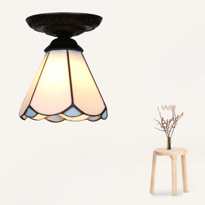 Vintage Handcrafted Stained Glass Ceiling Light With Single Flower Design For Aisle Black / White