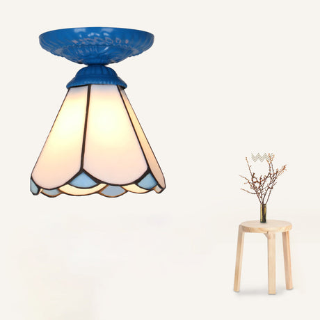 Vintage Handcrafted Stained Glass Ceiling Light With Single Flower Design For Aisle Blue / White